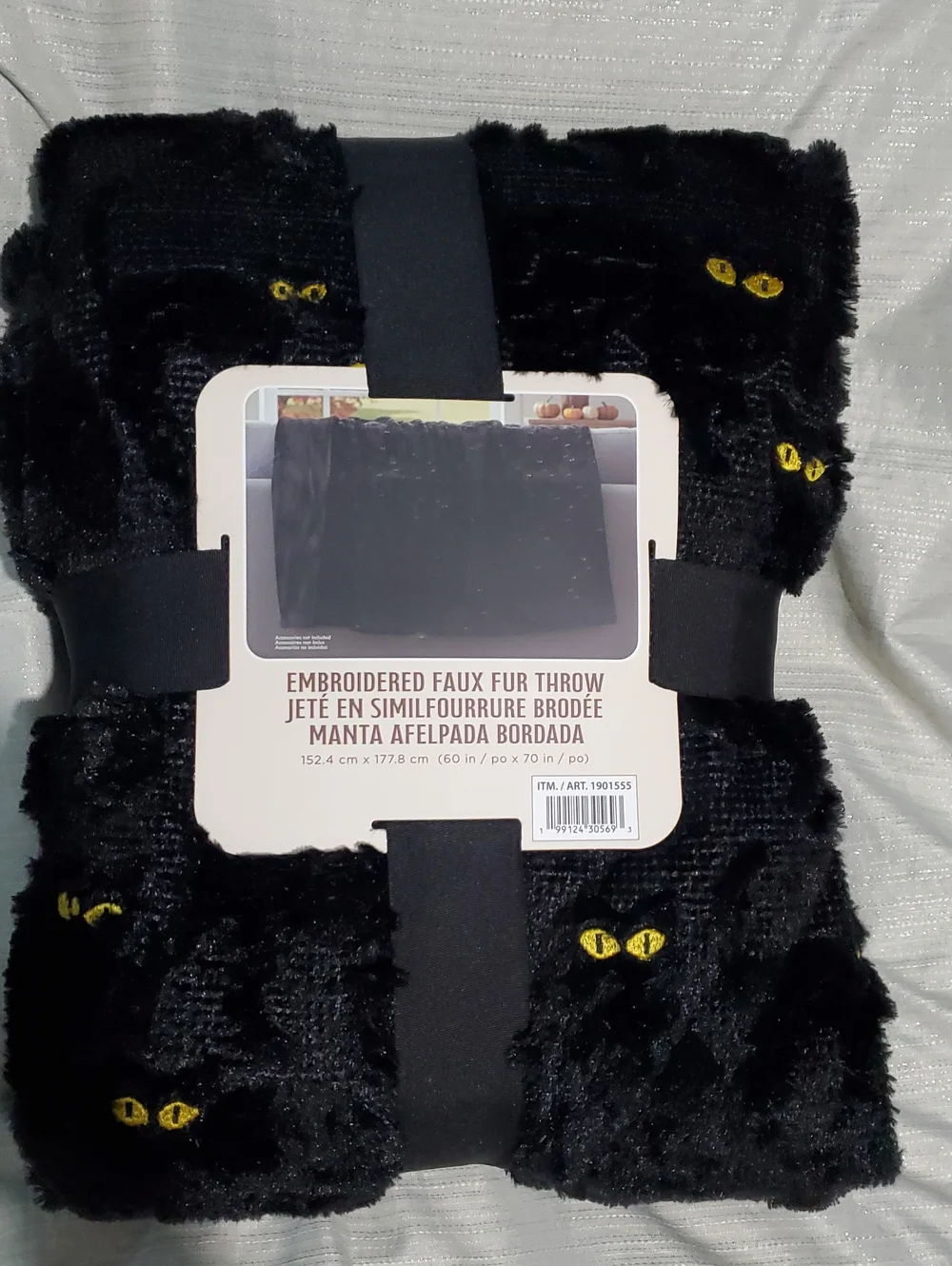 Embroidered Faux Fur Black Cat Throw Blanket